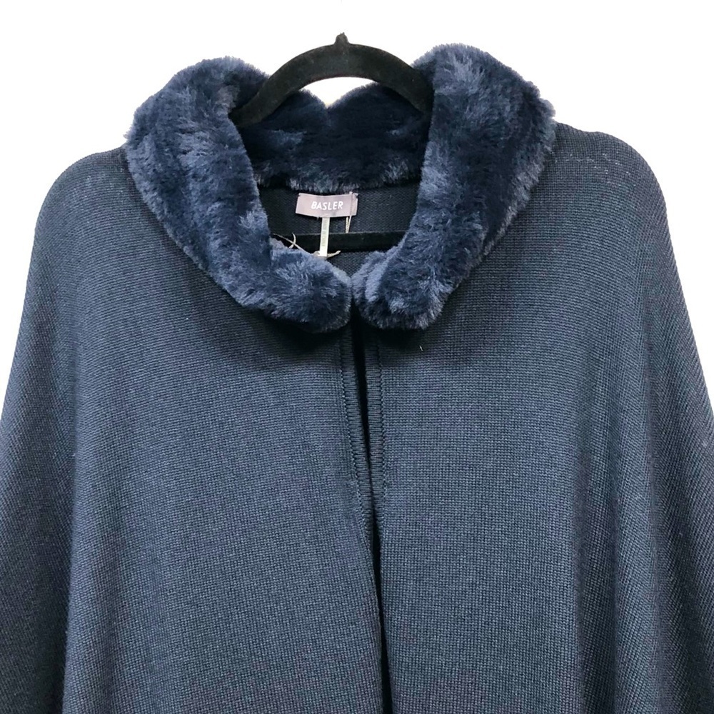 NWT BASLER Cardigan Poncho Cape Navy Blue Knit Faux Fur Size 44 US 12-14 XXL - Picture 3 of 16